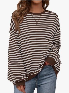 Striped Brown and Grey Crewneck Long-Sleeve Pullover